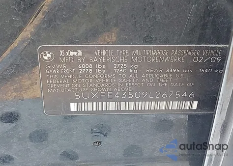 2009 BMW X5 30I z USA, uszkodzony, nr VIN 5UXFE43509L267546